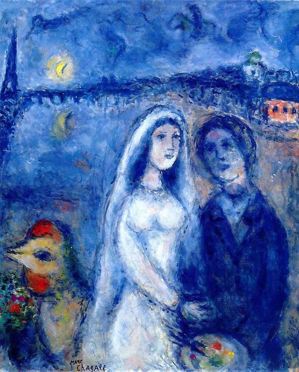 エッフェルタオルを背景に新婚夫婦 現代 マルク・シャガール油絵